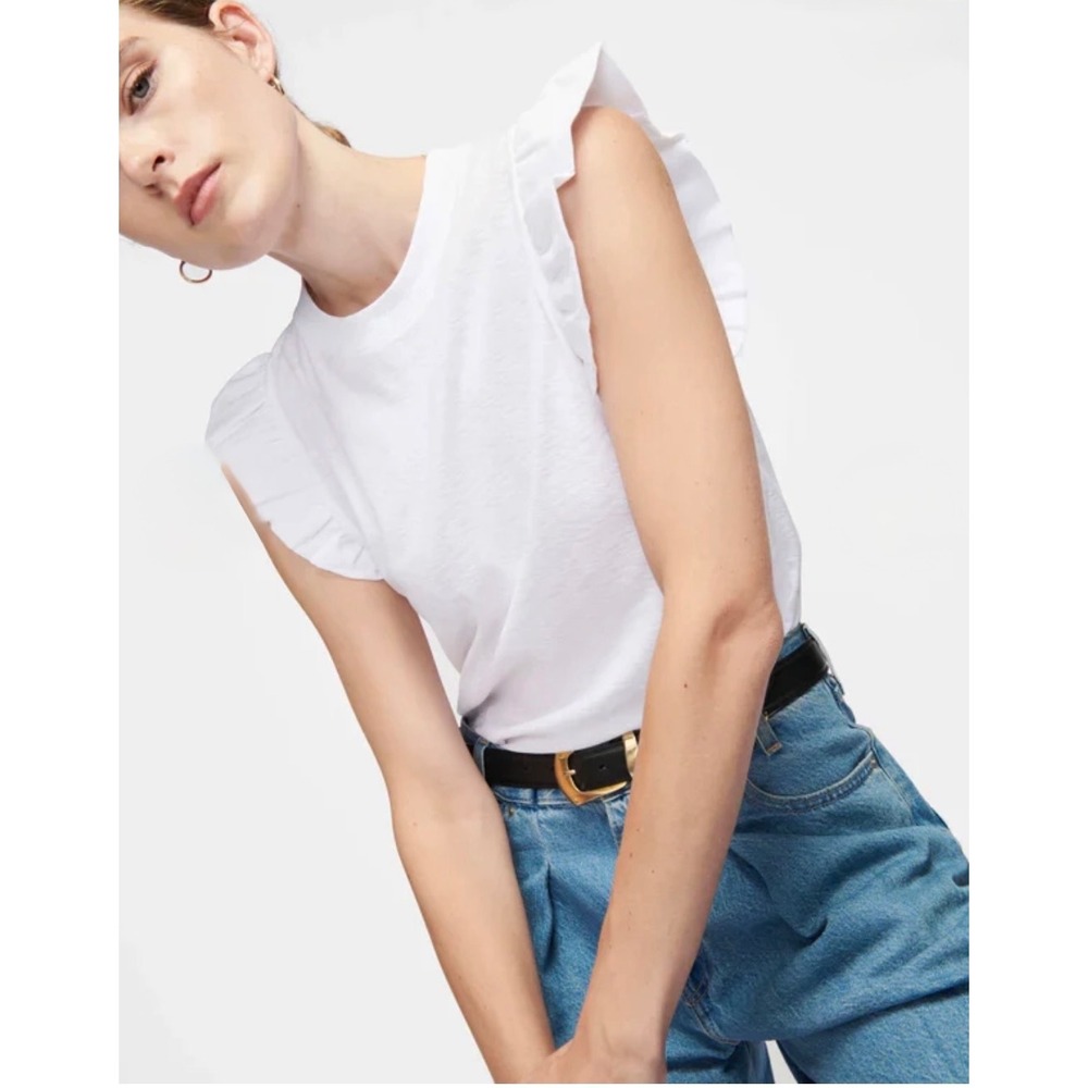 Nation LTD Paulette Ruffle Sleeve Tank Top Size M‎ White Pima Cotton Slub Tee